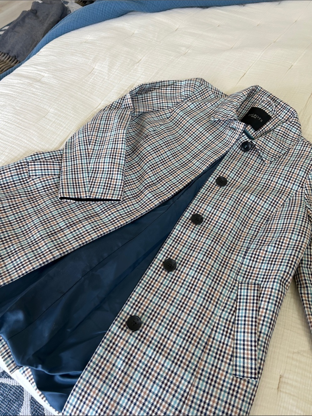 Talbots women’s Blue and Brown Multi-Check Trench Coat